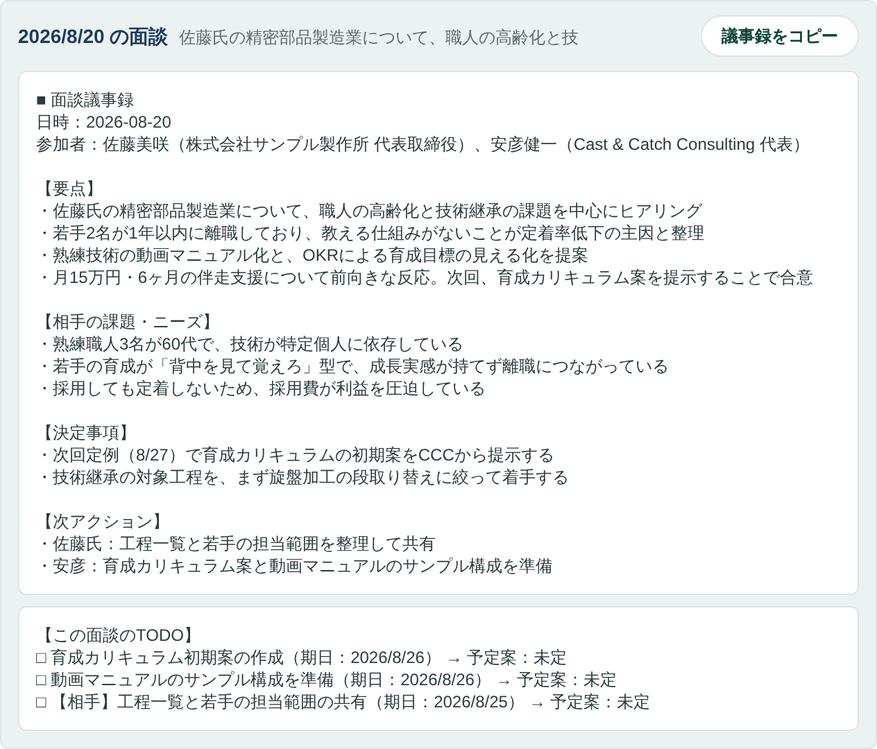 AIが自動作成した議事録とTODO（サンプルデータ）